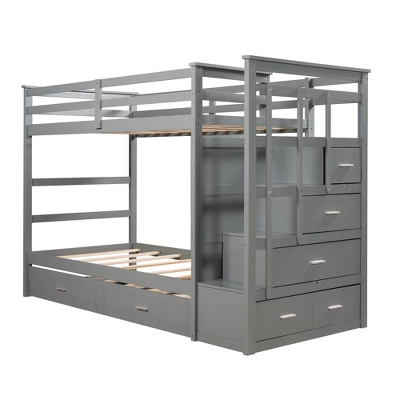 Twin Over Twin Wood Bunk Bed With 4 Drawers, Trundle And Staircase-ModernLuxe 4 Twin Over Twin Wood Bunk Bed With 4 Drawers, Trundle And Staircase-ModernLuxe - Image 2