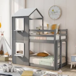 Twin Over Twin Wood Bunk Bed With Roof, Window, Guardrail, And Ladder-ModernLuxe 23 Twin Over Twin Wood Bunk Bed With Roof, Window, Guardrail, And Ladder-ModernLuxe -Child Home Decoration Store GUEST 039cf7b3 231f 4805 9724 7151e3340fe3