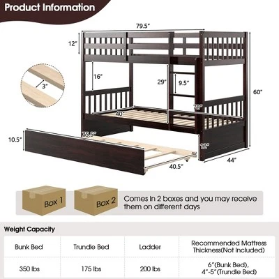 Costway Twin Over Twin Bunk Bed With Twin Trundle Solid Wood Frame Espresso/White 4 Costway Twin Over Twin Bunk Bed With Twin Trundle Solid Wood Frame Espresso/White - Image 2