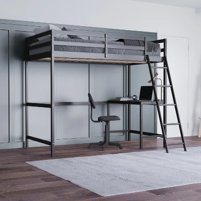 Emma And Oliver Twin Wood Loft Bed Frame With Protective Guardrails And Integrated Desk And Ladder For Use With Any 6-8" Thick Mattress 3 Emma And Oliver Twin Wood Loft Bed Frame With Protective Guardrails And Integrated Desk And Ladder For Use With Any 6-8" Thick Mattress