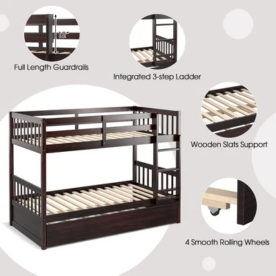 Costway Twin Over Twin Bunk Bed With Twin Trundle Solid Wood Frame Espresso/White 7 Costway Twin Over Twin Bunk Bed With Twin Trundle Solid Wood Frame Espresso/White - Image 5