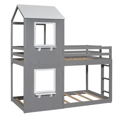 Twin Over Twin Wood Bunk Bed With Roof, Window, Guardrail, And Ladder-ModernLuxe 5 Twin Over Twin Wood Bunk Bed With Roof, Window, Guardrail, And Ladder-ModernLuxe - Image 3