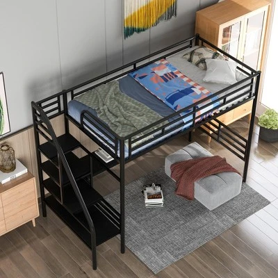 Metal Twin Size Loft Bed With Desk, Black - ModernLuxe 3 Metal Twin Size Loft Bed With Desk, Black - ModernLuxe