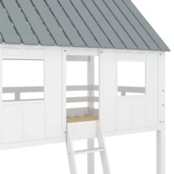 Twin Over Twin Low Bunk Beds With House Shaped Roof And Guardrail, White-ModernLuxe -Child Home Decoration Store GUEST 462b17b4 801d 456b 8355 689dcef66273