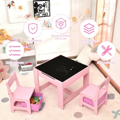 Costway 3 In 1 Kids Wood Table Chairs Set W/ Storage Box Blackboard Drawing Pink 7 Costway 3 In 1 Kids Wood Table Chairs Set W/ Storage Box Blackboard Drawing Pink - Image 5