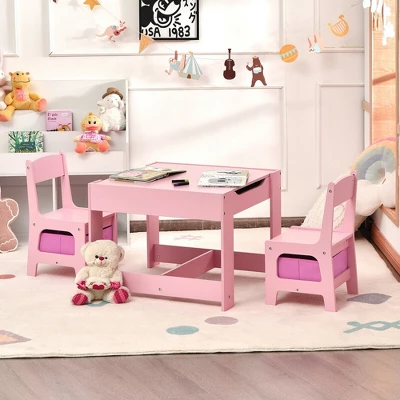 Costway 3 In 1 Kids Wood Table Chairs Set W/ Storage Box Blackboard Drawing Pink 4 Costway 3 In 1 Kids Wood Table Chairs Set W/ Storage Box Blackboard Drawing Pink - Image 2