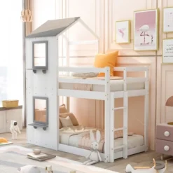 Twin Over Twin Wood Bunk Bed With Roof, Window, Guardrail, And Ladder-ModernLuxe 25 Twin Over Twin Wood Bunk Bed With Roof, Window, Guardrail, And Ladder-ModernLuxe -Child Home Decoration Store GUEST 6e6fd1cf 516e 4e5e a119 f473fa0d3510