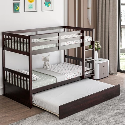 Costway Twin Over Twin Bunk Bed With Twin Trundle Solid Wood Frame Espresso/White 3 Costway Twin Over Twin Bunk Bed With Twin Trundle Solid Wood Frame Espresso/White