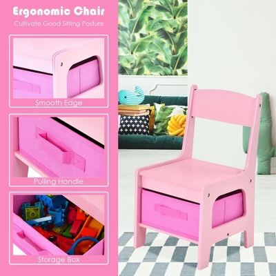 Costway 3 In 1 Kids Wood Table Chairs Set W/ Storage Box Blackboard Drawing Pink 11 Costway 3 In 1 Kids Wood Table Chairs Set W/ Storage Box Blackboard Drawing Pink - Image 9