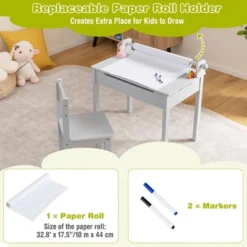 Costway Toddler Craft Table & Chair Set Kids Art Crafts Table WithPaper Roll Holder Grey/White -Child Home Decoration Store GUEST 926bae6a 4c2a 47d1 89ea 098381f875d2