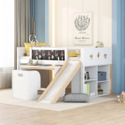 Child Home Decoration Store 39 Wood Loft Bed With Slide, Cabinets, Blackboard, Desk And Chair-ModernLuxe