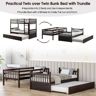 Costway Twin Over Twin Bunk Bed With Twin Trundle Solid Wood Frame Espresso/White 8 Costway Twin Over Twin Bunk Bed With Twin Trundle Solid Wood Frame Espresso/White - Image 6