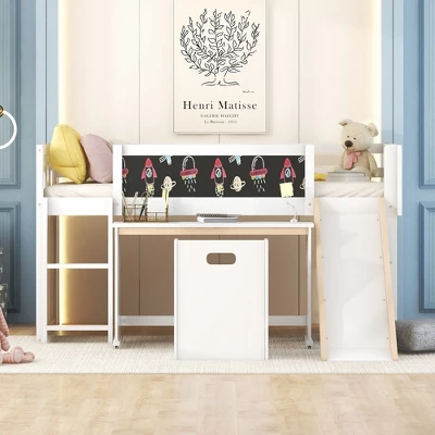 Wood Loft Bed With Slide, Cabinets, Blackboard, Desk And Chair-ModernLuxe 4 Wood Loft Bed With Slide, Cabinets, Blackboard, Desk And Chair-ModernLuxe - Image 2
