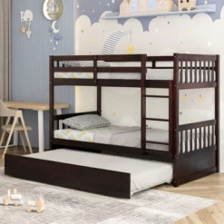 Costway Twin Over Twin Bunk Bed With Twin Trundle Solid Wood Frame Espresso/White 15 Costway Twin Over Twin Bunk Bed With Twin Trundle Solid Wood Frame Espresso/White -Child Home Decoration Store GUEST a765f096 c2e7 4e47 a740 115ae8f305c5