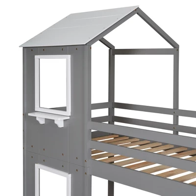 Twin Over Twin Wood Bunk Bed With Roof, Window, Guardrail, And Ladder-ModernLuxe 11 Twin Over Twin Wood Bunk Bed With Roof, Window, Guardrail, And Ladder-ModernLuxe - Image 9