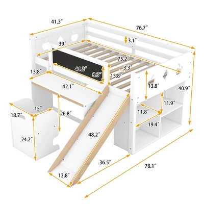 Wood Loft Bed With Slide, Cabinets, Blackboard, Desk And Chair-ModernLuxe 5 Wood Loft Bed With Slide, Cabinets, Blackboard, Desk And Chair-ModernLuxe - Image 3