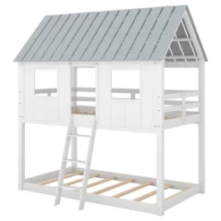 Twin Over Twin Low Bunk Beds With House Shaped Roof And Guardrail, White-ModernLuxe -Child Home Decoration Store GUEST bd7f0bb8 5c84 4939 9f57 343b13d1d4f6
