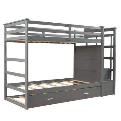 Twin Over Twin Wood Bunk Bed With 4 Drawers, Trundle And Staircase-ModernLuxe 7 Twin Over Twin Wood Bunk Bed With 4 Drawers, Trundle And Staircase-ModernLuxe - Image 5