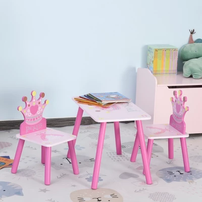 Qaba 3-Piece Kids Wooden Table And Chair Set With Crown Pattern Gift For Girls Toddlers Arts Reading Writing Age 2-4 Years Pink 4 Qaba 3-Piece Kids Wooden Table And Chair Set With Crown Pattern Gift For Girls Toddlers Arts Reading Writing Age 2-4 Years Pink - Image 2