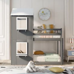 Twin Over Twin Wood Bunk Bed With Roof, Window, Guardrail, And Ladder-ModernLuxe