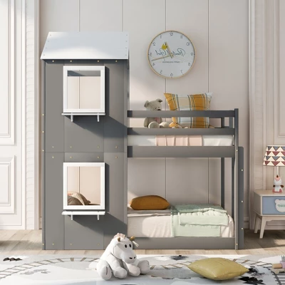 Twin Over Twin Wood Bunk Bed With Roof, Window, Guardrail, And Ladder-ModernLuxe 3 Twin Over Twin Wood Bunk Bed With Roof, Window, Guardrail, And Ladder-ModernLuxe