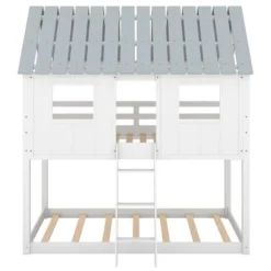 Twin Over Twin Low Bunk Beds With House Shaped Roof And Guardrail, White-ModernLuxe -Child Home Decoration Store GUEST f3759667 2c9b 4baa a7bf 15f9a4b8f28f