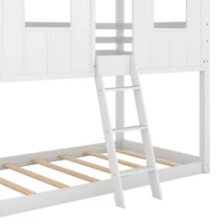Twin Over Twin Low Bunk Beds With House Shaped Roof And Guardrail, White-ModernLuxe -Child Home Decoration Store GUEST f701df88 344a 4153 a870 577797c403a1