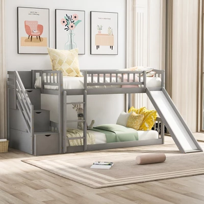 Stairway Twin Over Twin Bunk Bed With Two Drawers And Slide-ModernLuxe 3 Stairway Twin Over Twin Bunk Bed With Two Drawers And Slide-ModernLuxe