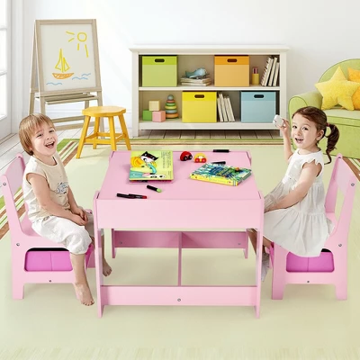 Costway 3 In 1 Kids Wood Table Chairs Set W/ Storage Box Blackboard Drawing Pink 6 Costway 3 In 1 Kids Wood Table Chairs Set W/ Storage Box Blackboard Drawing Pink - Image 4