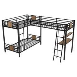 L-Shaped Twin Over Twin Bunk Bed With Twin Size Loft Bed With Desk And Shelf , Brown - ModernLuxe -Child Home Decoration Store GUEST fc068b8a dc42 4861 8915 517467c4758b